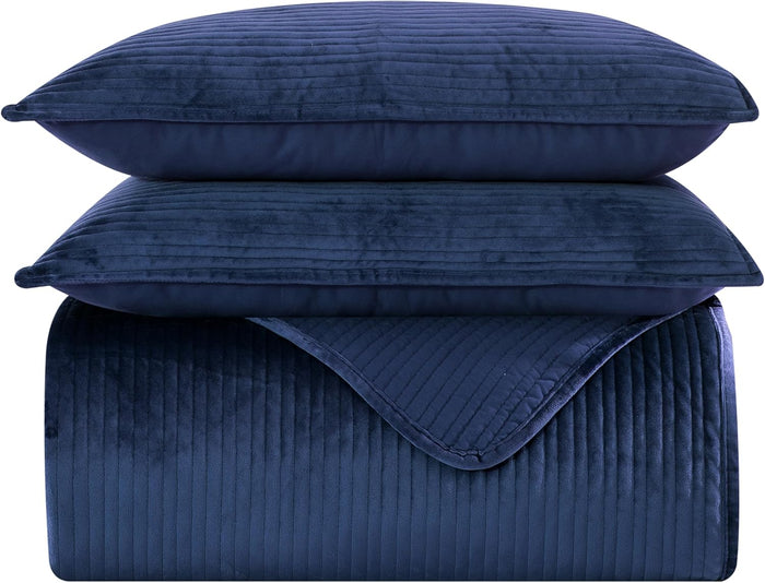 Elegant Comfort Luxury 3-Piece Velvet Corduroy Stripe Quilt Set, Ultra Soft Bedspread - Cozy Velvet Coverlet Set - 3PC Medium Weight Quilted Set with Matching Pillow Shams, Queen, Khaki