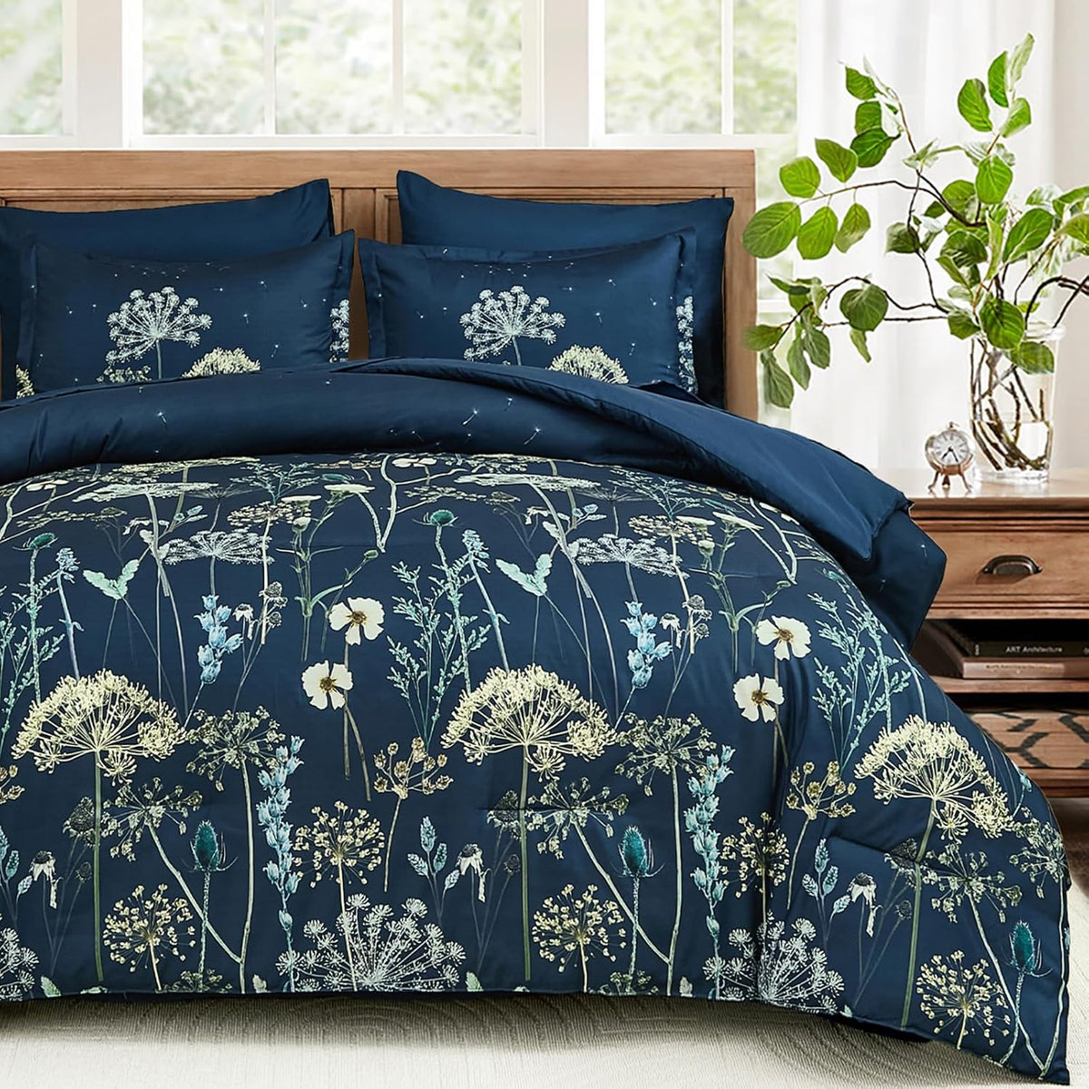 Yiran King Size Comforter Set, 7 Piece Comforter Floral Black Green Bedding Set, Soft Bed in a Bag King, Comforter, Sheets, Pillowcases & Shams