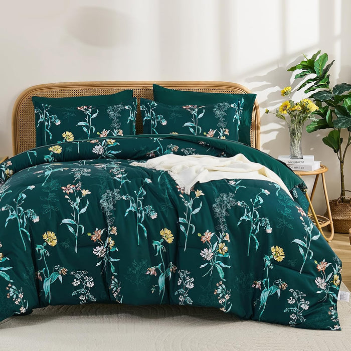 Drucon Comforter Set King Size, 7 Pieces Sage Green Floral Comforter Sets, Reversible Botanical Bed in a Bag Soft Lightweight Microfiber Bedding Sets for All Seasons (90"x104")