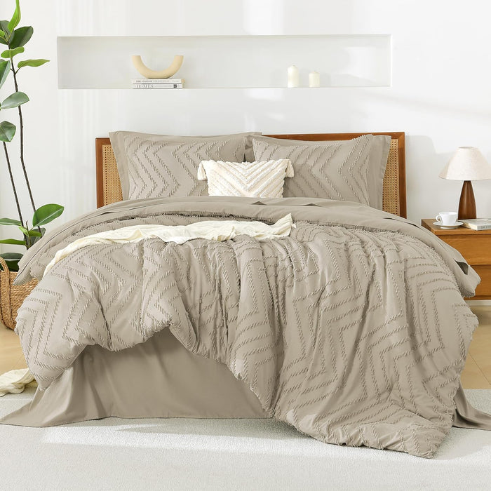 Litanika California King Size Comforter Set with Sheets Beige - 7 Pieces Bed in a Bag Cal King Chevron Tufted Complete Bedding Sets with Comforter, Sheets, Pillowcases & Shams