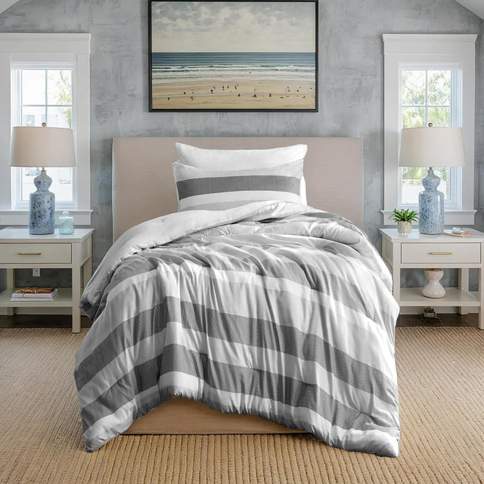Queen Comforter Set, 3 Pieces Striped Bed Set, Soft Brushed Microfiber Reversible Bedding Set for All Season, Lightweight & Breathable Bedding Set with Comforter & Shams, Neutral