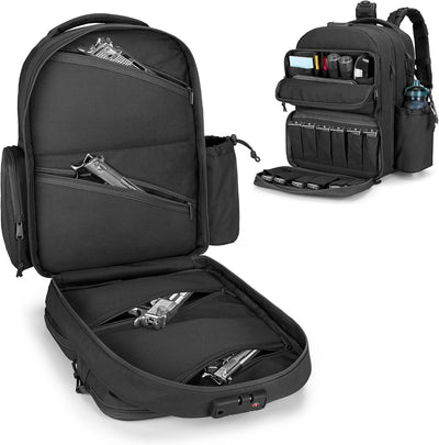 Tactical Pistol Backpack for 4 Handguns and 12 Mags, Gun Range Backpack with TSA Lock and Padded Shoulder Straps, Black