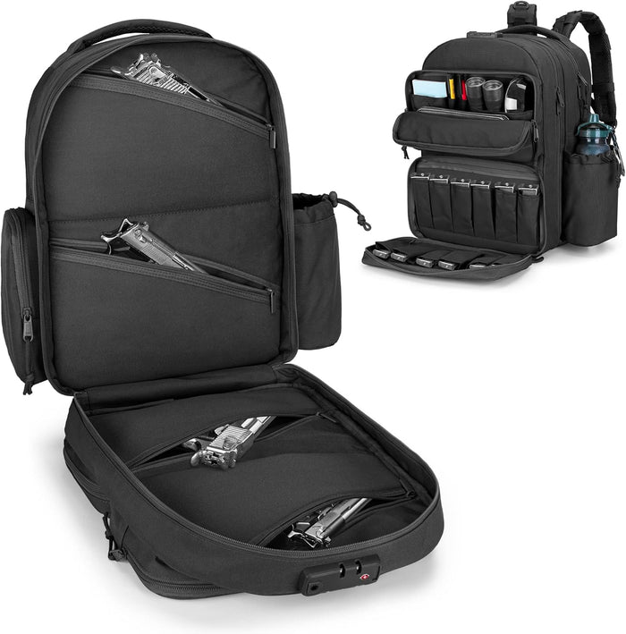 Tactical Pistol Backpack for 4 Handguns and 12 Mags, Gun Range Backpack with TSA Lock and Padded Shoulder Straps, Black