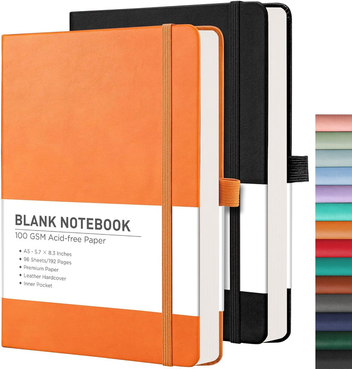 RETTACY Lined Journal Notebook, 2-Pack, 192 Numbered Pages per Pack, A5 Medium Size (5.7'' x 8.3''), for Men & Women, Writing, Work, Leather Hardcover, 100 GSM Thick Paper (Black & Dark Green)