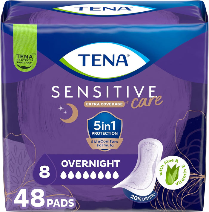 TENA Sensitive Care Incontinence Pads, Bladder Control, Postpartum for Women, Overnight Absorbency, Extra Coverage, 90 Count