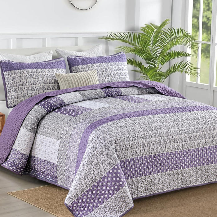 WONGS BEDDING Grey Quilt Queen Size, Bohemian Stripe Quilt Sets 3 Pieces Gray Boho Quilted Bedspread Set Lightweight Microfiber Coverlet Bedding Set All Season (96"x90")
