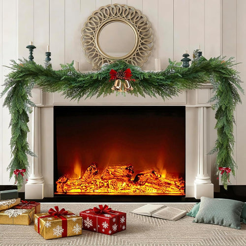 9Ft Christmas Garland, Realistic Cedar Cypress Norfolk Pine Greenery Garland Faux Christmas Decorations for Mantle, Fireplace, Table, Stairs, Doors, Porch, Indoor Outdoor Christmas Decor
