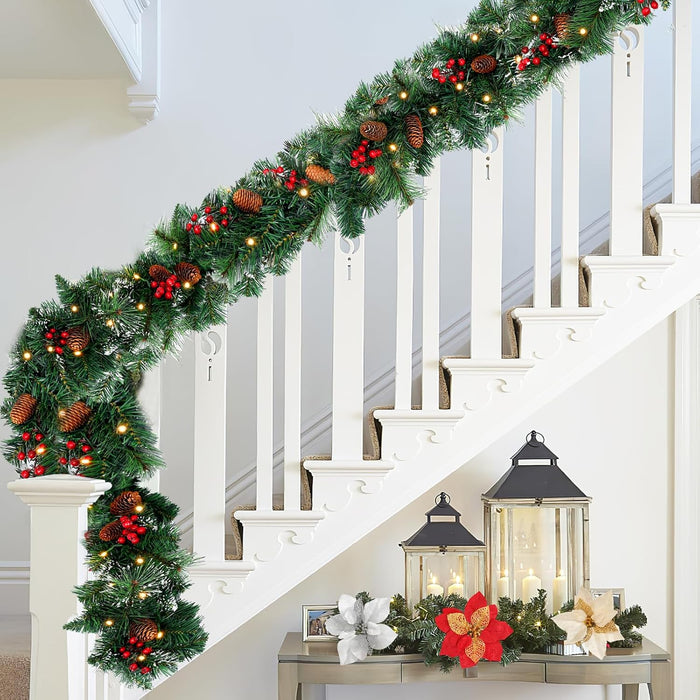 9ft Pre-Lit Artificial Christmas Garland,Christmas Tree Garland,Xma Tree Garland with Lights,Decorated with Pine Cones, Berry Clusters, Plug in, Christmas Collection,