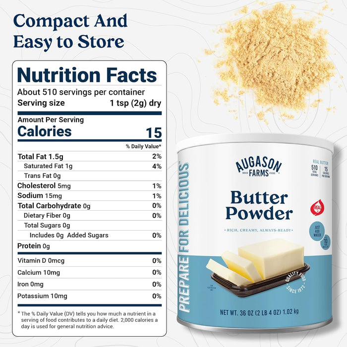 Augason Farms Butter Powder Can - Gluten Free Salted Butter for Cooking, Baking & Everyday Use - Long Term Emergency Food Supply - Shelf Stable dehydrated food - 510 Servings