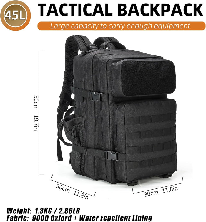 gracedon Military Tactical Backpack for Men and Women Army Camping Daypack Bug out Bag 45l Asault Pack for Travel Hiking (Black)