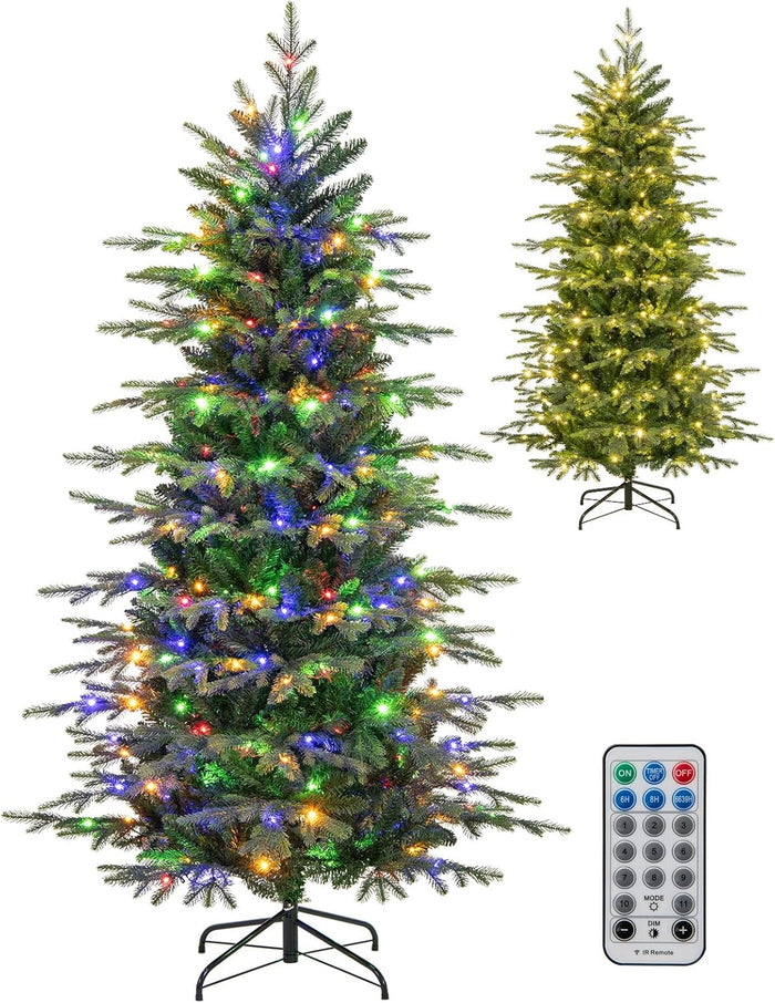 Goplus 7.5 FT Pre-Lit Artificial Christmas Tree, Snow Flocked Hinged Xmas Tree with 470 Warm-White LED Lights, 1135 Tips, 81 Pine Cones, Lighted Xmas Tree for Office Home Decoration