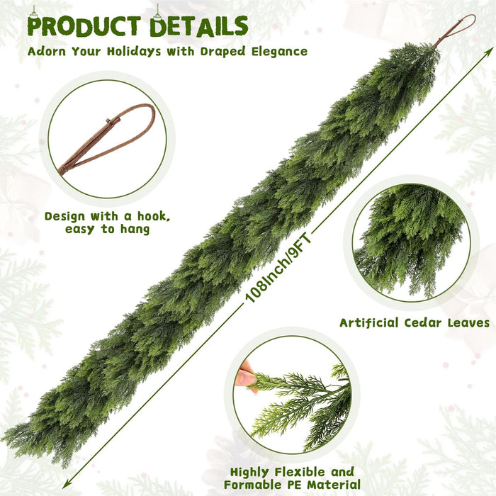 9FT Realistic Christmas Cedar Garland, Artificial Christmas Garland Real Touch Greenery Faux Pine Garlands, Xmas Decorations Indoor Outdoor