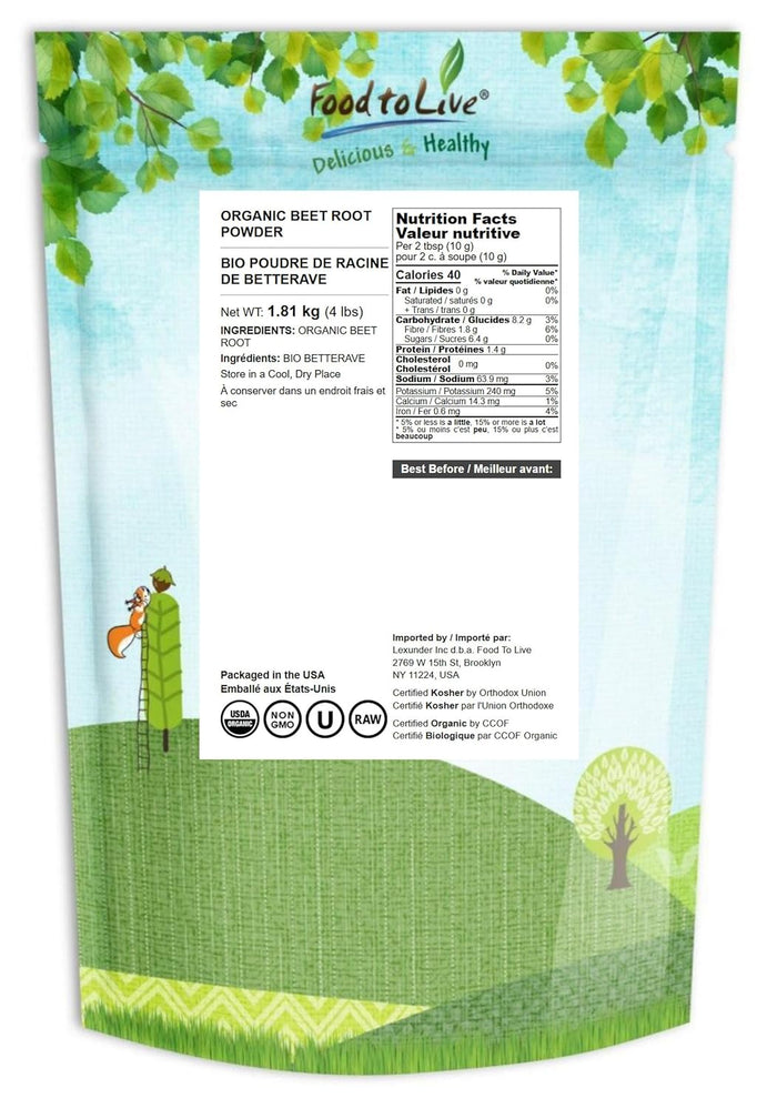 Food to Live Organic Beet Root Powder, 4 Pounds — Non-GMO, Raw, Kosher, 100% Pure, Vegan Superfood, Bulk, Rich in Iron and Fiber, Great for Juices, Drinks, and Smoothies