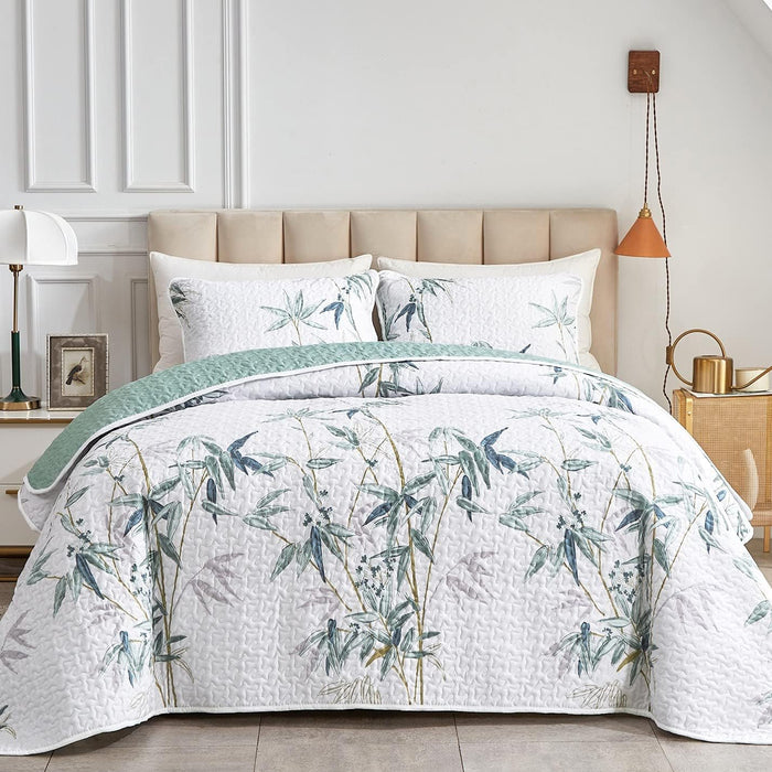 Flysheep 3 Pieces Quilt Set Full/Queen Size, Beige Floral Reversible Bedspread Coverlet Set, Soft Microfiber Lightweight Bed Cover for All Season (90" x 90", 1 Quilt+ 2 Pillow Shams)