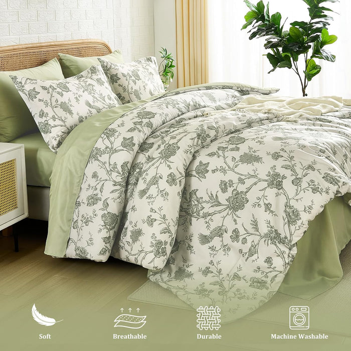 Luxudecor Floral Queen Comforter Set 7 Pieces Bed in a Bag, Sage Green Flower with Bird Bedding Set, Soft Reversible Comforter with Sheet Set 90"x90"