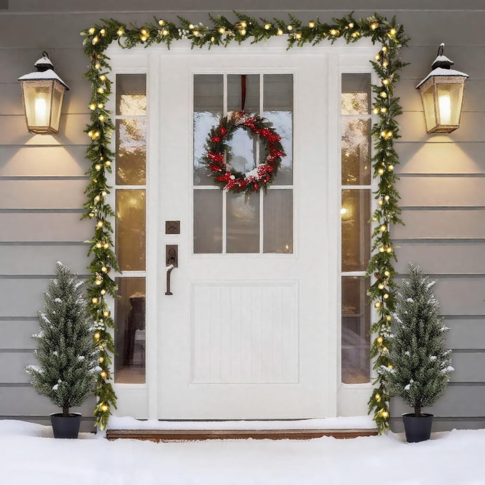 6FT Pre-lit Two-Tone Olive Christmas Garland Set of 2 Battery Operated Artificial Greenery Winter Mistletoe Garland with Timer for Mantle, Stairs Railing, Patio,Table, Window, Front Door Holiday