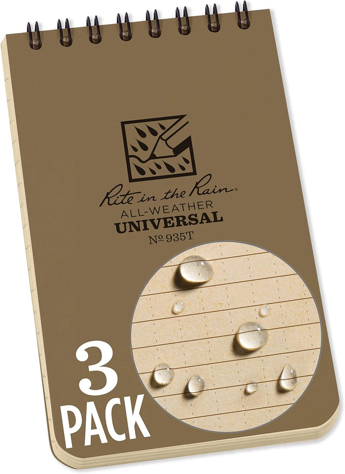 Rite in the Rain Weatherproof Top Spiral Notebook, 3" x 5", Black Cover, Universal Pattern, 3 Pack (No. 735-3X)