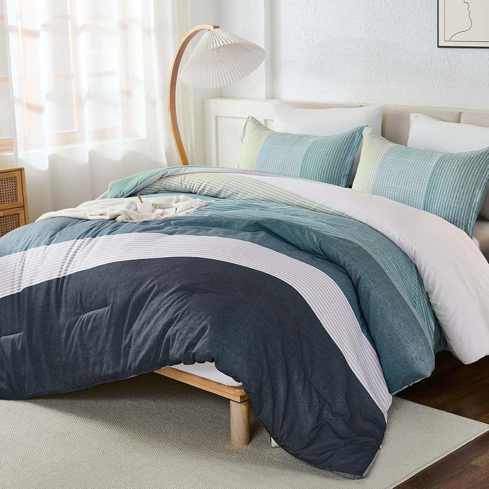 WONGS BEDDING Black Comforter Set Full, Reversible Black Grey Stripe Down Alternative Comforter for All Season,3 Pieces(1 Patchwork Comforter+2 Pillowcases), Soft Microfiber Bedding Set 78”×90”