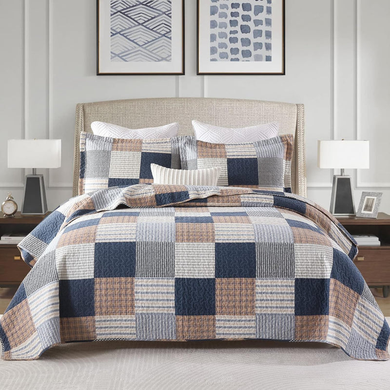 PANGUSHAN 100% Cotton Quilt Set King Size,Patchwork Plaid Bedding Bedspreads,Farmhouse Lightweight Comforter Reversible Quilt,White/Gray/Grey/Tan/Black/Cream Bed Spread King,3 Pieces
