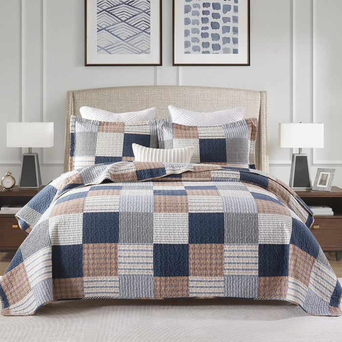 PANGUSHAN 100% Cotton Quilt Set King Size,Patchwork Plaid Bedding Bedspreads,Farmhouse Lightweight Comforter Reversible Quilt,White/Gray/Grey/Tan/Black/Cream Bed Spread King,3 Pieces