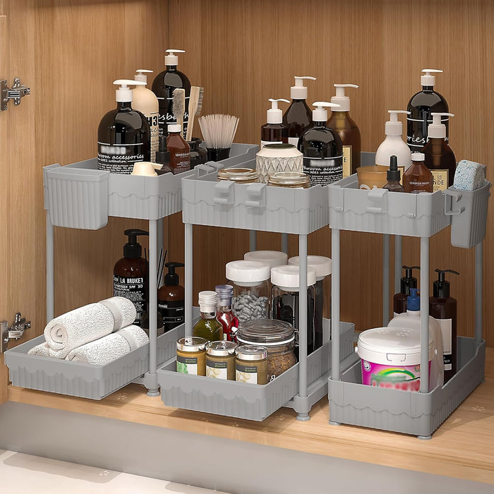 4 Pack Under Sink Organizer, Bathroom Organizers and Storage, 2 Tier Multi-Use Pull Out Cabinet Organizer with Hang Hooks and Cups (Black, 4 Pack)