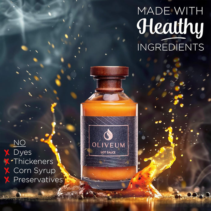 Oliveum Hot Sauce - Gourmet Medium Spice Organic Habanero Peppers. Unique Spicy Salsa Flavor For BBQ, Mexican, Asian, Steak, Chili, Tacos, Buffalo, Wings, Pizza. Experience Fancy Luxury Craft Hand Made Small Batch Best and Hottest Gift Idea For Men in a B