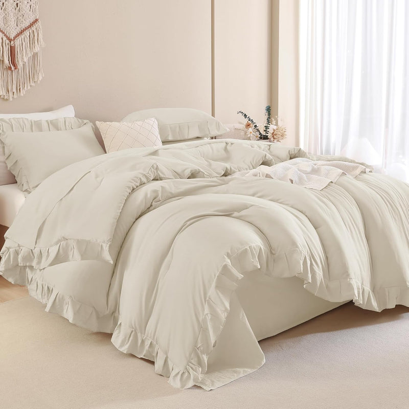 Andency White Comforter Queen Size, 3 Pieces Ruffle Shabby Chic Farmhouse Queen Comforter Sets, All Season Lightweight Fluffy Room Decor Bed Set for Girls Women Teens Gift Choice