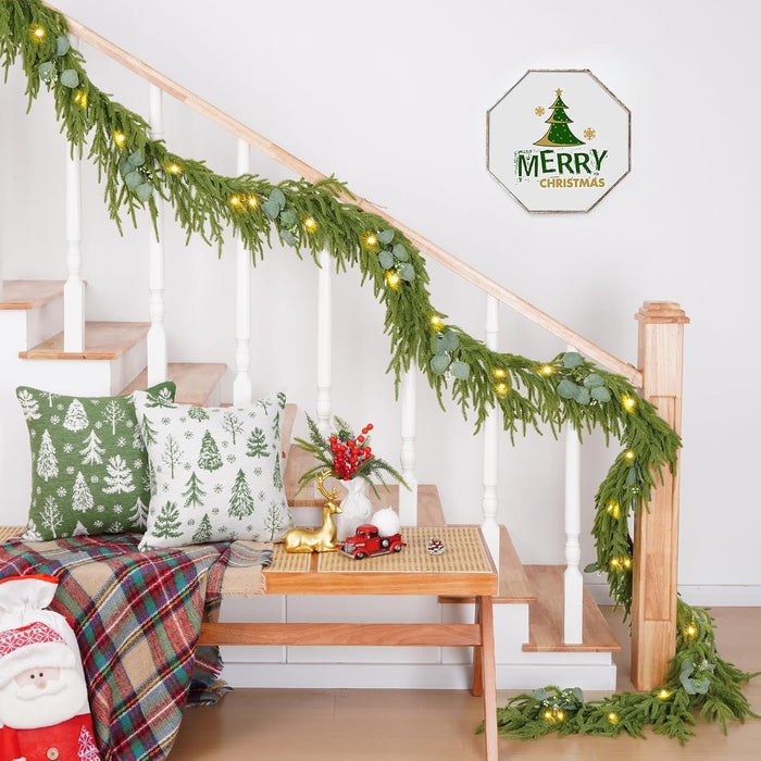 Waipfaru Christmas Norfolk Pine Garland with Lights，6FT Real Touch Pine Garland Christmas Decoration，Artificial Faux Cedar Garland for Christmas Table Fireplace Mentle Wall Home Decoration