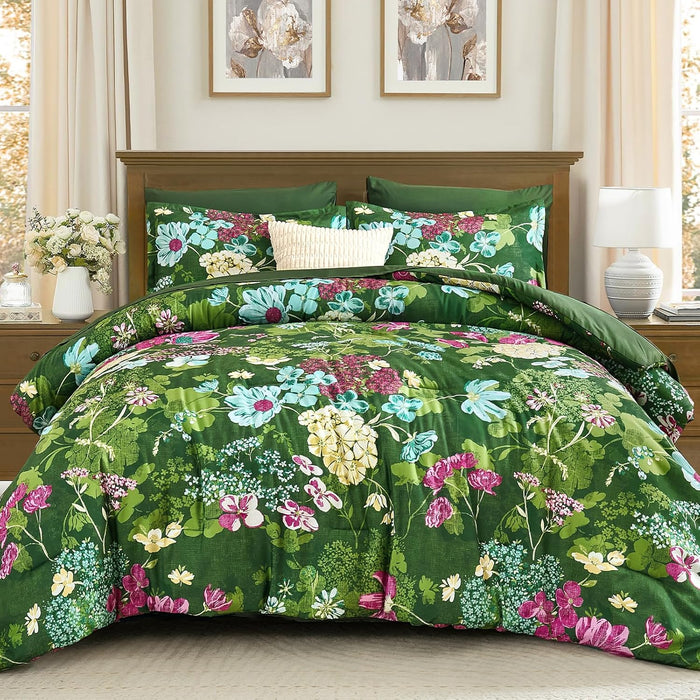 Yiran Black Red Fall Floral Comforter Set Queen Size, 7 Piece Comforter Bedding Set, Botanical Bed in a Bag, Soft Microfiber Complete Bedding Set with Sheets for All Season
