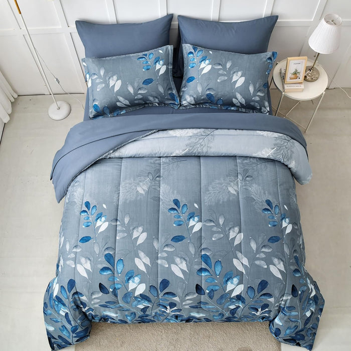 Blue Floral Comforter Set Queen Size 7 Piece Navy Botanical Gradient Leaves Ultra Soft Microfiber Down Alternative Bedding Set Lightweight Reversible Boho Bed Comforter Set for All Season 90" x 90"