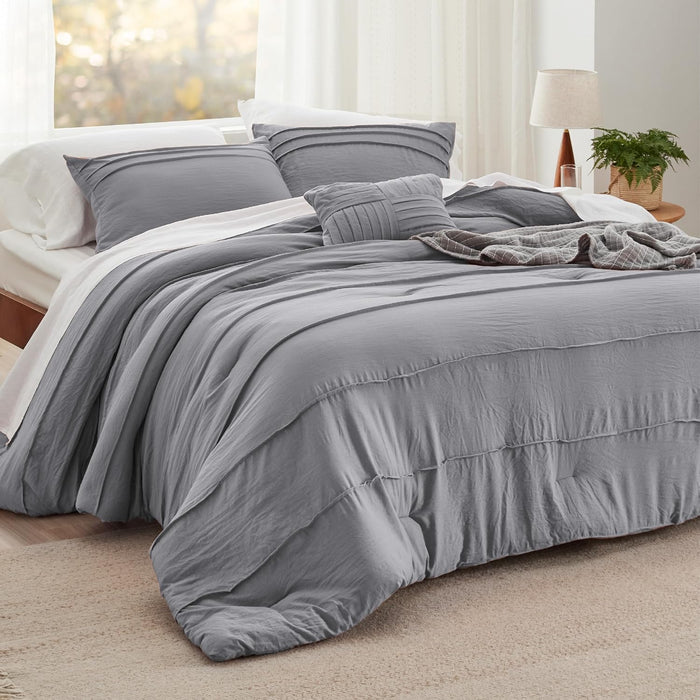 Bedsure Queen Comforter Set - 4 Pieces Pinch Pleat Bed Set, Beige Boho Bedding for All Season, 1 Soft Comforter, 2 Pillowcases, 1 Decorative Pillow