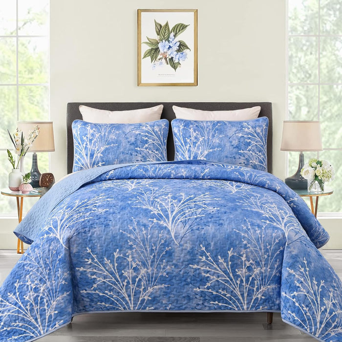 DJY Sage Green Quilt Set Full Size, Branch Botanical Pattern Bedspread Coverlet Set, 3 Piece Microfiber Green Floral Quilt Bedding Set Lightweight Summer Bedspread for All Season, 80''x90''