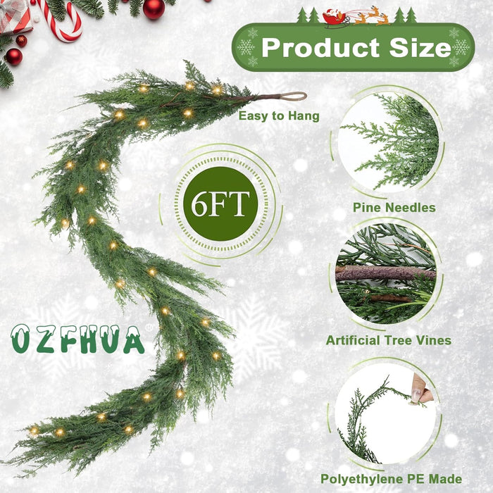 6 Ft Christmas Pine Garland - Artificial Pine Greenery Garland with Lights for Christmas Table Fireplace Wall Home Decoration