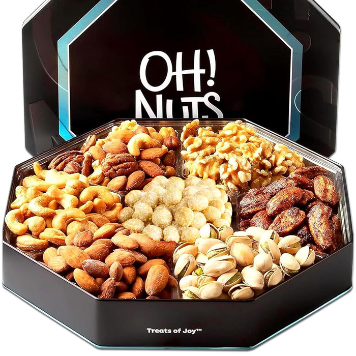 Oh! Nuts 6 Section Nuts Gift Basket - Gourmet Assorted Nut Gifts Baskets - Healthy Nuts Gift Square Metal Tin Box - Premium Food Gift for Birthday, Holiday, Movie Night, Corporate, Men & Women