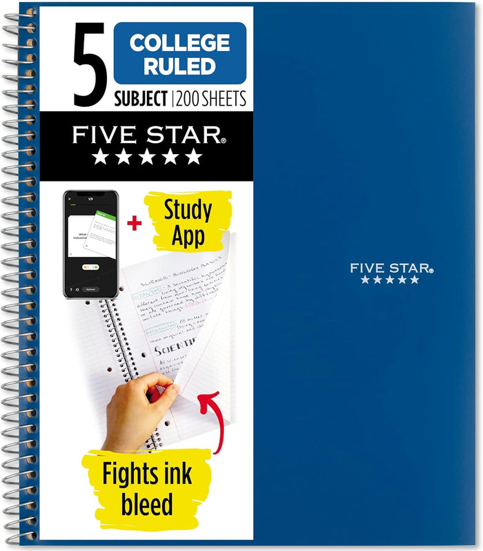 Five Star Spiral Notebook + Study App, 5 Subject, College Ruled Paper, 8-1/2" x 11", 200 Sheets, Fights Ink Bleed, Water Resistant Cover, Black (72081)