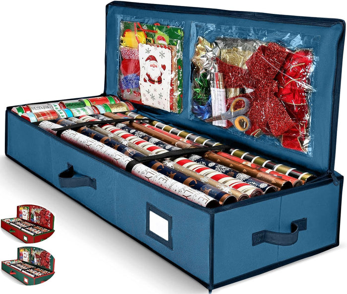 Premium Wrapping Paper Organizer Storage | Gift Wrap Holder With Extra Pockets for Christmas Decorations, Reinforced Handles, Heavy Duty, Ultra-Durable, Tear-Proof Fabric - Fits Up to 27 Rolls (Black)