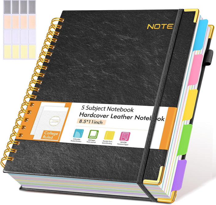 Hardcover Spiral Notebook Journal with Removable Dividers Tabs, 300 Pages Leather 5 Subject Notebook College Ruled, 8"x10" Large B5 Notebooks for Work School Note taking, Lined Journal for Women, Pink