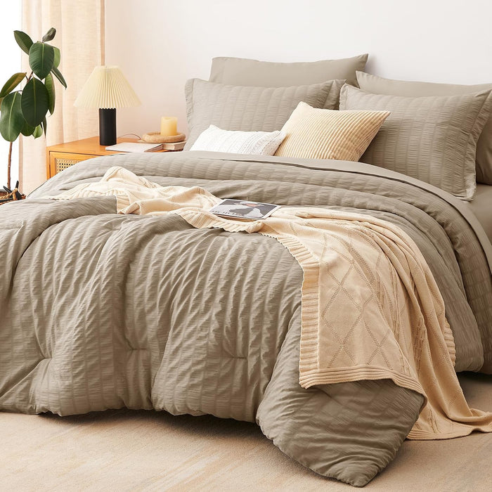 CozyLux Queen Comforter Set White Seersucker 7 Pieces Bed in a Bag Queen Comforter Set with Sheets, Luxury Soft Bedding Set with Down Alternative Comforter, Sheets, Pillowcases & Shams for All Seasons