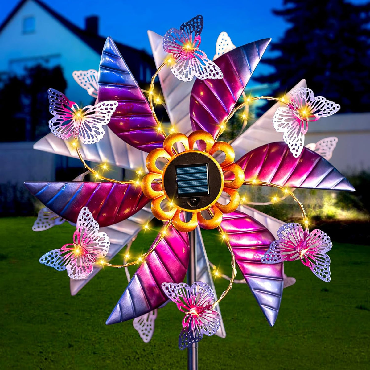 Solar Wind Spinners for Yard and Garden - 360° Metal Large Wind Sculptures Outdoor Clearance Kinetic Windmills with 4 Layer Jeweled Blades for Patio, Lawn Garden Decoration - 54Inch