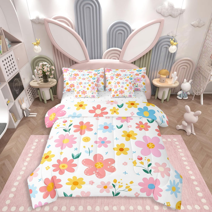 Feelyou Cute Flower 7 Piece Bedding Set Twin Size Kids Cartoon Cute Floral Bed in a Bag for Kids Girls Teens Toddler Yellow Pink Comforter Set with Sheets Kawaii Bed Set