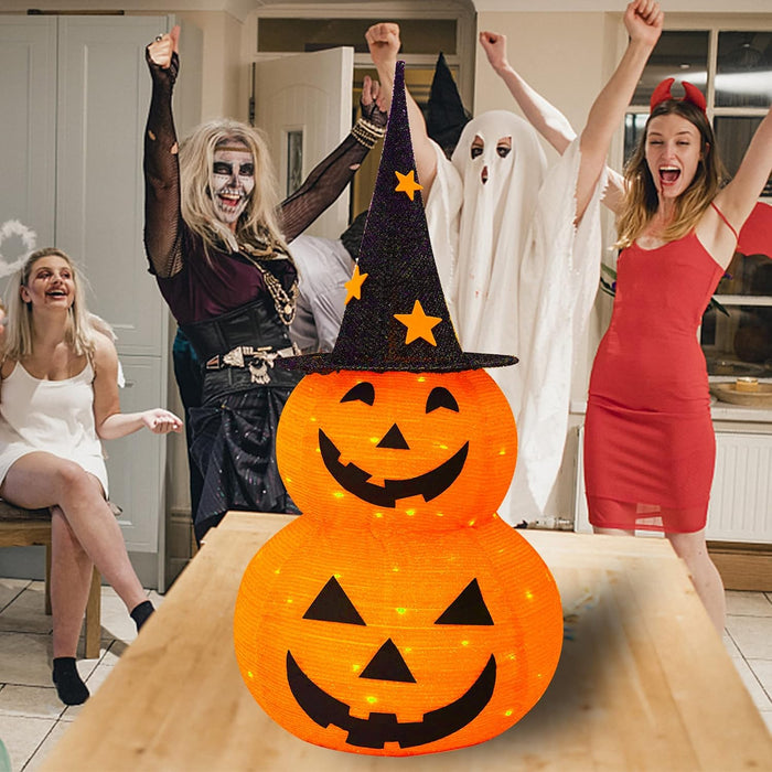 FUNPENY 3FT Halloween Collapsible Pumpkin Decorations, Pre-Lit Light Up 50 LED Pumpkin with Star Hat 8 Lighted Mode, Pop Up Jack-o-Lantern with Metal Stand for Indoor Outdoor Yard Holiday Decor