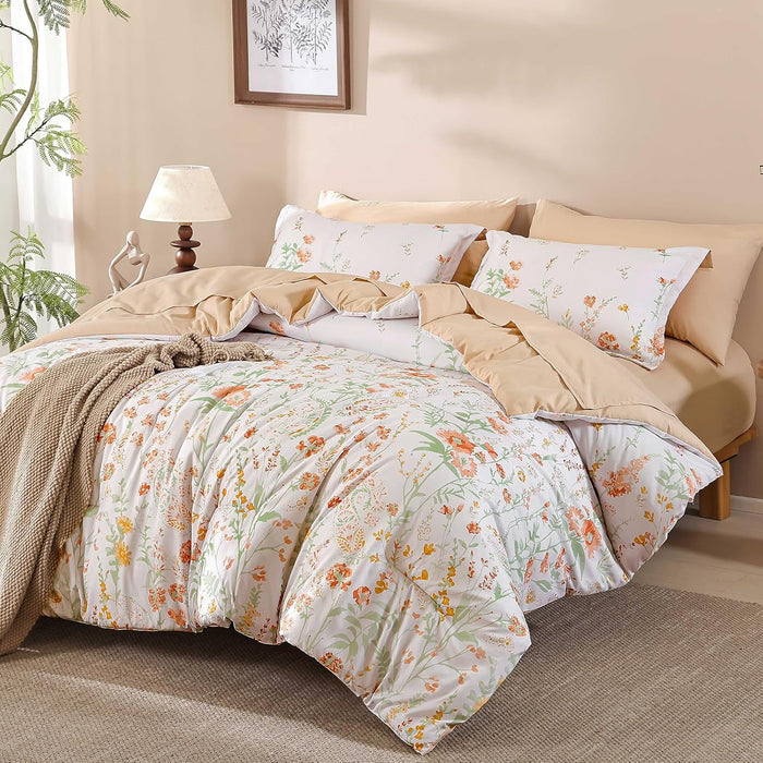Yiran Blue Floral Comforter Set Queen Size, 7 Piece Watercolour Botanical Comforter Bedding Set, Bed in a Bag Queen, Soft Microfiber Complete Bedding Set with Sheets for All Season