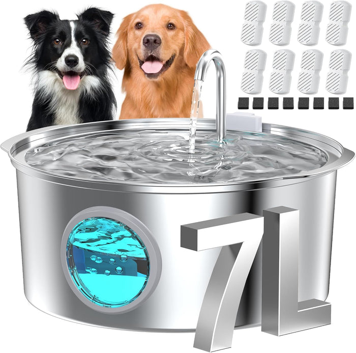 Dog Water Fountain for Large Dogs: 7L/236oz/1.8G Dog Fountain Stainless Steel - Big Cat Drinking Fountain Indoor - Super Quiet Water Fountain for Dogs Inside - for Large Dog Cats & Multi-Pet Home