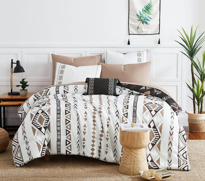 Geniospin Queen Comforter Set - 7 Pieces Reversible Bedding Set, Boho Bed in A Bag, Lightweight Soft Aztec Bedding, All Season Bed Comforter Set with Sheets, Pillowcases & Shams