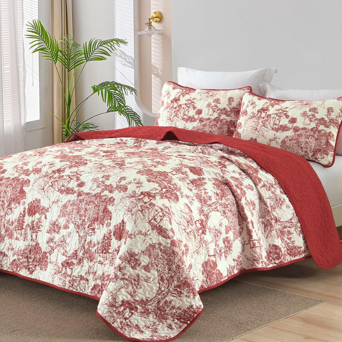 WONGS BEDDING Botanical Quilt Set Queen Size, Sage Green 3 Pieces Toile Floral Plants Printed Bedspread Bedding Set Soft Lightweight Microfiber Coverlet Set for All Season (96"x90")