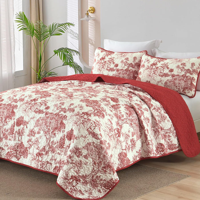 WONGS BEDDING Botanical Quilt Set Queen Size, Sage Green 3 Pieces Toile Floral Plants Printed Bedspread Bedding Set Soft Lightweight Microfiber Coverlet Set for All Season (96"x90")