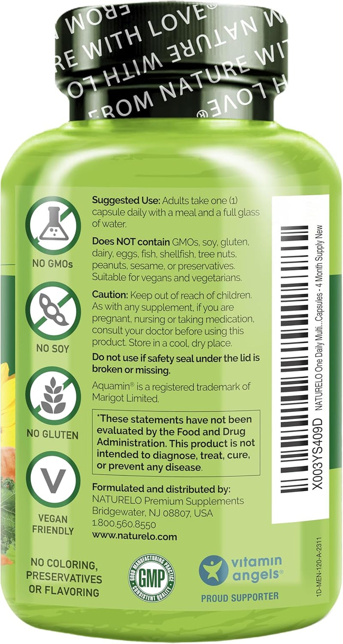 NATURELO Mens Multivitamins - One Daily Multivitamin for Men with Vitamins, Minerals & Organic Whole Foods, Boost Energy & Health, Non-GMO, 120 Vegetarian Capsules