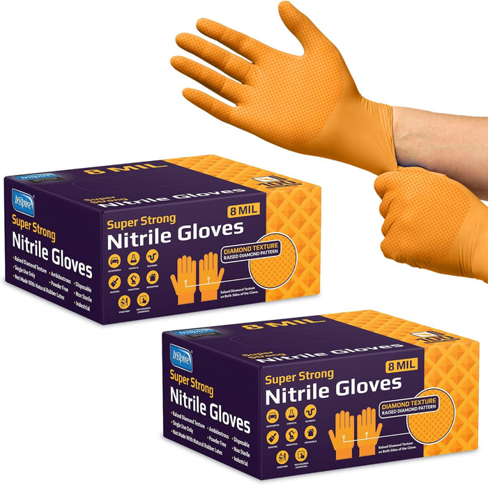 Inspire Heavy Duty Orange Nitrile Disposable Gloves | ULTRA 8 Mil Diamond Textured Grip | Industrial Mechanic Food