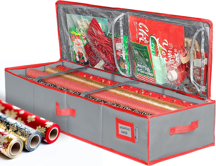 HOLDN’ STORAGE Premium Wrapping Paper Storage Container - Durable 600D Tear-Proof, Fits 27 Rolls Gift Wrap, Extra Pockets for Ribbons & Bows, Underbed Storage - Ideal for Holiday Christmas, Gray