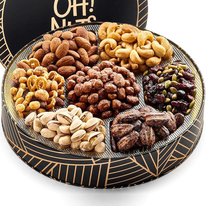Oh! Nuts 6 Section Nuts Gift Basket - Gourmet Assorted Nut Gifts Baskets - Healthy Nuts Gift Square Metal Tin Box - Premium Food Gift for Birthday, Holiday, Movie Night, Corporate, Men & Women